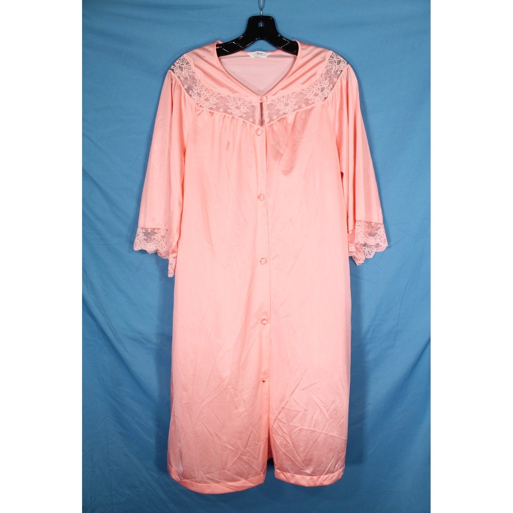 VTG HENSON KICKERNICK Pink NYLON Sheer Lace Detail SIDE POCKETS Lounge ROBE Sz M